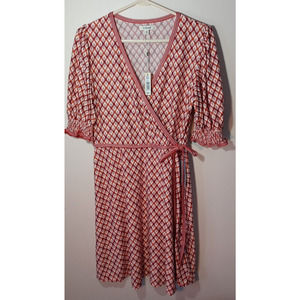 $98 Max Studio Women's L Large Faux Wrap Dress Red Cream Sleeves Knee Length NWT